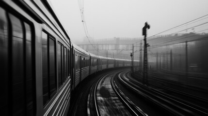 A train moving with motion blur and speed lines effects, in black and white style