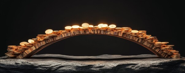 Balanced wooden sticks form an arch bridge on stone base, showcasing engineering and art in harmony against a dark background.