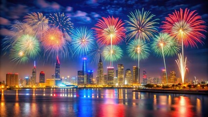 Vibrant fireworks illuminate the night sky above the capital city, celebrating Bahrain's rich cultural heritage on its National Day with colorful patriotism and joy.