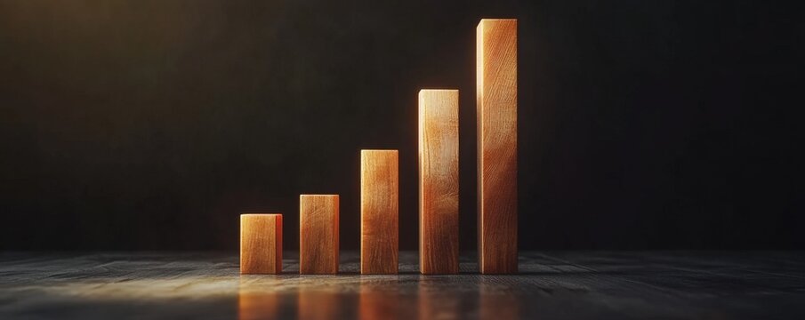 Five ascending wooden blocks creating a bar graph concept on a dark gradient background, symbolizing growth and progress.