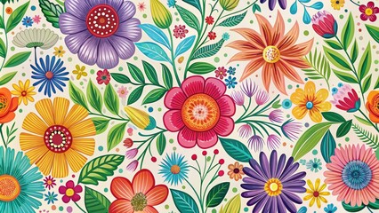 Vibrant floral elements dance across a white canvas background in stylish vector illustration.