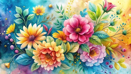 Vibrant floral illustration on a soft, watercolor background with intricate petals and stems in shades of pink, yellow, and blue, perfect for spring designs.