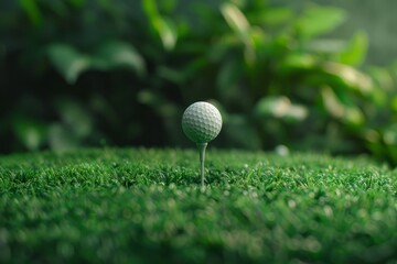 A golf ball meticulously balanced on a tee in lush green grass, surrounded by rich foliage,...