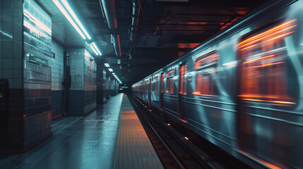 Fototapeta premium A futuristic subway running fast, action blur effect