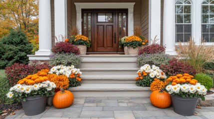 A beautiful front porch decorated for autumn and fall.