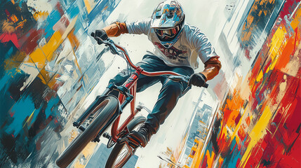Cyclist performing a stunt in front of colorful street art, hyperdetailed rendering, bold graffiti, dynamic action, urban vibe