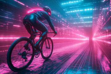Cyclist performing a stunt with 80s retro aesthetics, ultradetailed textures, neon lights, grid background, synthwave glow