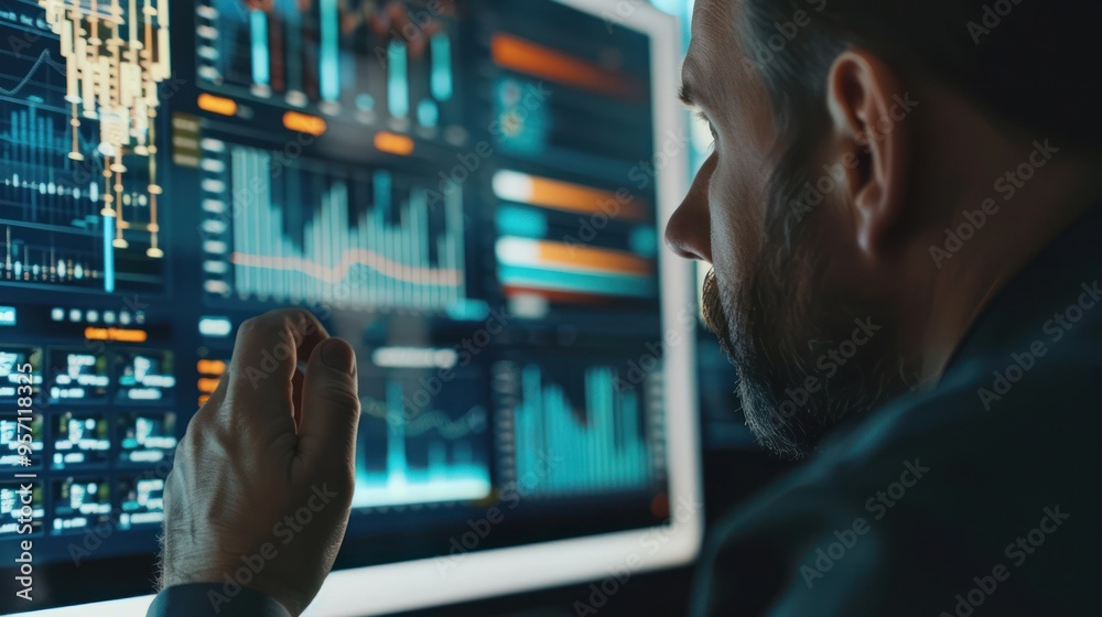 Poster businessman analyzing data on a large computer monitor
