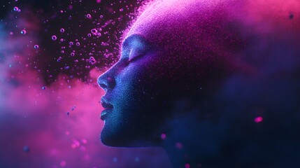 Obraz premium Dissolving Portrait A portrait dissolving into a cascade of neon pastel particles, capturing the impermanence of beauty 
