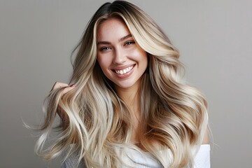 Smiling Woman with Flowing Blonde Hair and Freckles