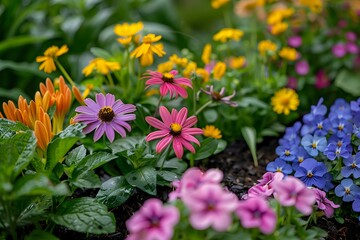 Vibrant spring garden featuring colorful blooms of purple coneflowers, orange daylilies and yellow daisies with blue hyacinths creating natural flowerbed design perfect for gardening inspiration.