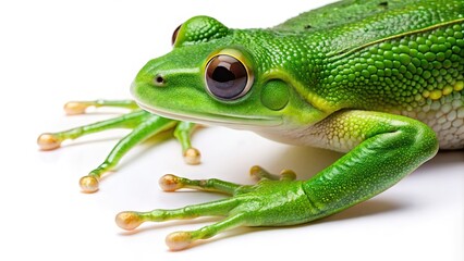 Fototapeta premium Vibrant green frog leg isolated on white background, showcasing intricate skin texture, webbed toes, and suction cups, highlighting nature's fascinating tiny wonders.