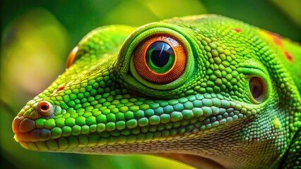 Fototapeta premium Vibrant green gecko's intricate scales and delicate eyes shine in a stunning macro photograph, showcasing the tiny reptile's remarkable textures and patterns in sharp detail.