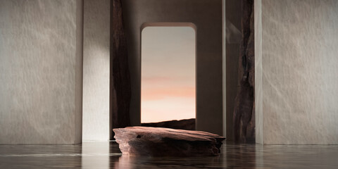 Surreal Beautiful Dream land background and podium. Abstract Dune landscape with geometric arch. Fantasy island scenery natural cloudy sky. Rock clay stone arch. 3d render