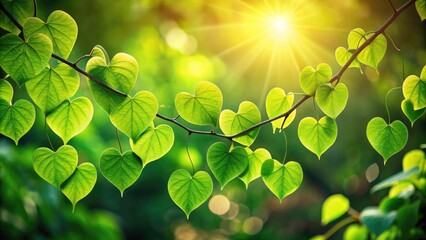 Vibrant green heart-shaped leaves adorn a lush tree branch, surrounded by soft natural light, symbolizing love, harmony, and nature's gentle beauty.