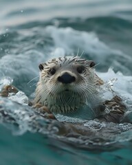 A playful otter swimming in the water, its curious face peeking above the surface, creating a sense of adventure and joy in nature. Ideal for wildlife, aquatic animals, or nature-themed projects.