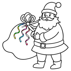 Santa Claus with a Large Gift Bag and Colorful Ribbons – Vector Illustration