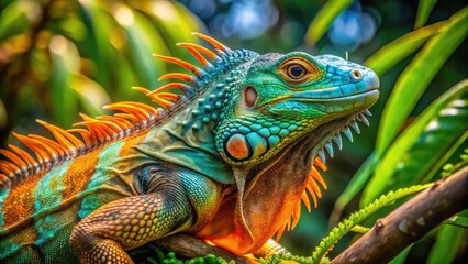 Fototapeta premium Vibrant green iguana with turquoise and orange scales perches on a branch, its spiky back glistening in the sunlight, surrounded by lush tropical foliage.