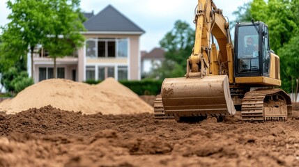 Obraz premium A yellow excavator is actively moving sand and gravel, while workers in safety gear monitor the construction site and surroundings near an industrial building
