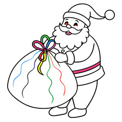 Santa Claus with a Large Gift Bag and Colorful Ribbons – Vector Illustration