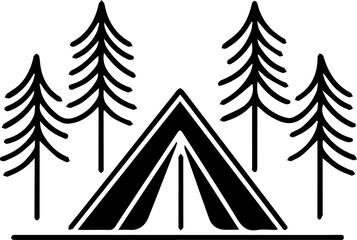 A black and white drawing of a tent and trees. The tent is pitched in the woods and the trees are in the background