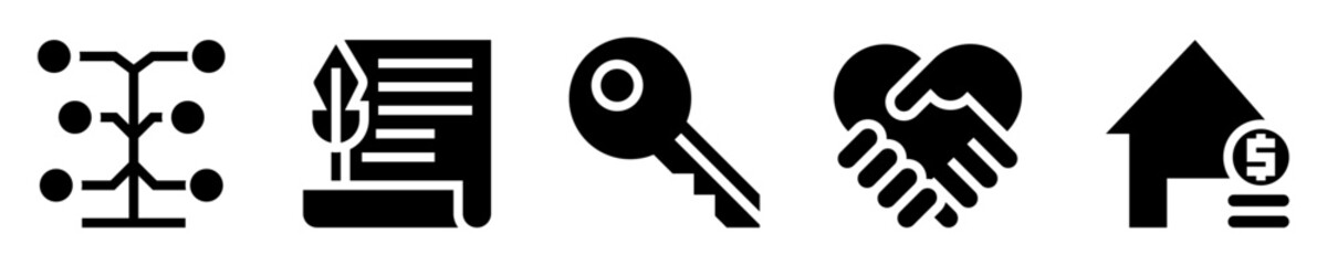 Inheritance icon set. Heritage and wealth. Family tree, will, door key, joined hands, house with coins. Solid icons. Vector illustration