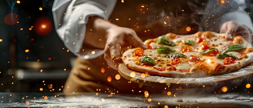 chef holding a freshly baked pizza with vibrant toppings, surrounded by sparks and flour in the air, capturing the energy and passion of cooking. Ideal for themes related to food, culinary arts, or It