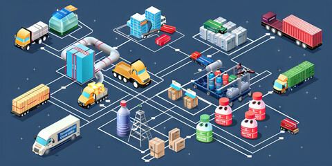 A flowchart of the supply chain for a popular consumer goods company, with an industrial-inspired background. 