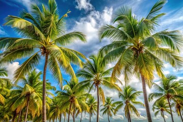 Obraz premium Slender palm trees sway gently in the breeze, their feathery fronds rustling softly as lush foliage creates a serene tropical haven.