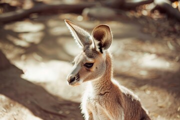 Fototapeta premium A close-up of a serene kangaroo lit by warm sunlight, capturing the gentle essence of wildlife in a natural setting.