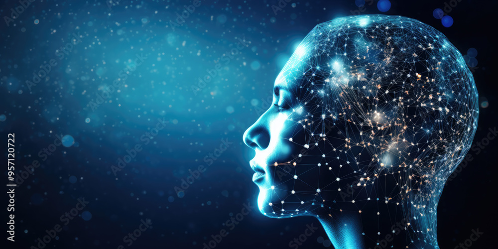 Poster artificial intelligence concept with a human head made of connecting lines and dots representing the