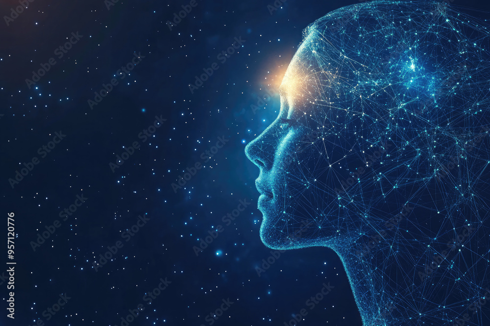 Poster artificial intelligence concept with a human head made of connecting lines and dots representing the