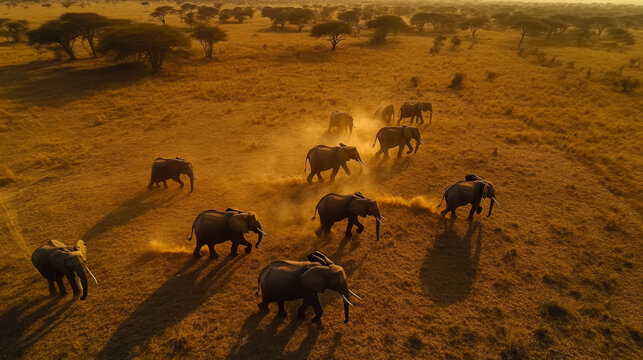 African Elephant Herd in the Savanna at Golden Hour
