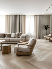 A modern living room with a wooden parquet floor, light gray walls, and vertical stripes in shades of beige
