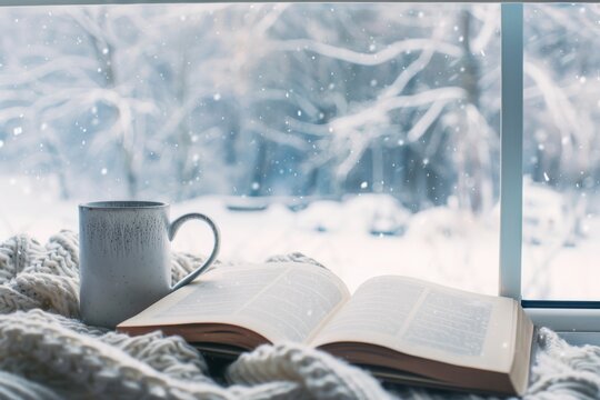 A cozy scene with an open book and a mug, set against a snowy winter window, representing warmth and tranquility.