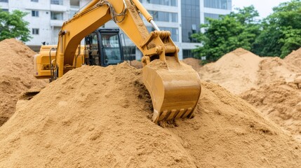 A yellow excavator is actively moving sand and gravel, while workers in safety gear monitor the construction site and surroundings near an industrial building