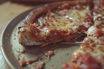 A close-up of a deliciously cheesy pizza slice with a crispy crust and rich toppings on a metal tray, inviting the viewer to take a bite.