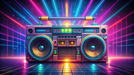 Vibrant, stylized illustration of a colorful boombox from the 80s, complete with cassette tapes, flashing lights, and iconic retro patterns, evoking nostalgia and funky vibes.