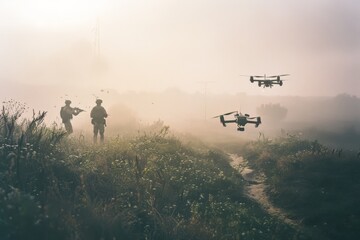 Soldiers and drones navigate a fog-cloaked, grassy path, depicting a blend of modern technology and traditional tactics in a misty military operation.