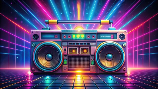 Vibrant, stylized illustration of a colorful boombox from the 80s, complete with cassette tapes, flashing lights, and iconic retro patterns, evoking nostalgia and funky vibes.