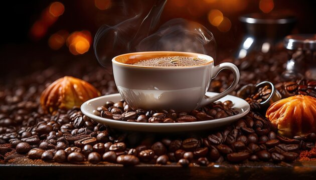 Hot Coffee with Steaming Espresso and Coffee Beans