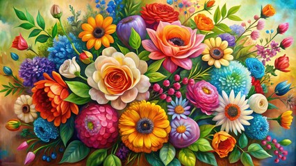 Vibrant, hand-painted floral bouquet on a textured canvas, blending whimsical illustration with realistic petals, bringing together art and nature in a stunning masterpiece.