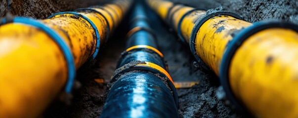 Fototapeta premium an oil and gas pipeline laid in the ground, featuring black and blue pipes, a dirty underground tunnel, and a water flow concept Generative AI