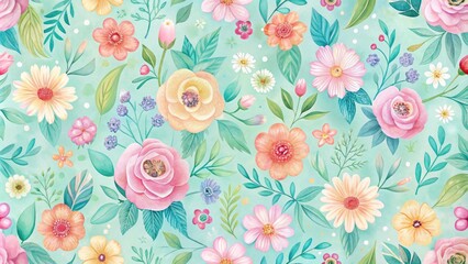 Vibrant, hand-painted floral motifs in soft pastel hues create a seamless, whimsical background perfect for designs, wallpapers, or scrapbooking projects requiring elegant, feminine charm.