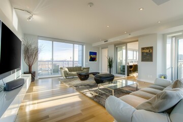 Sunlit, luxurious apartment with floor-to-ceiling windows, contemporary furniture, and a spacious open layout overlooking a panoramic cityscape.