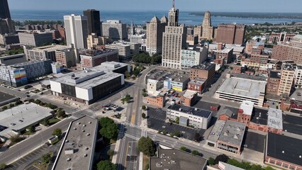 Living and working  in Buffalo, New York, City skyline with office towers parks, by Lake Erie on sunny summer morning in old American City