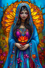 A woman in a blue dress holding a flower. The flower is red and yellow. The background is a colorful flower garden