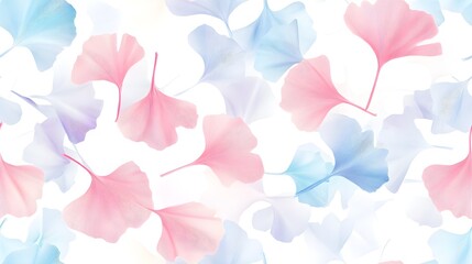 A seamless pattern of pastel-colored ginkgo leaves, in soft pinks and blues, arranged to form an abstract floral design on a white background. 