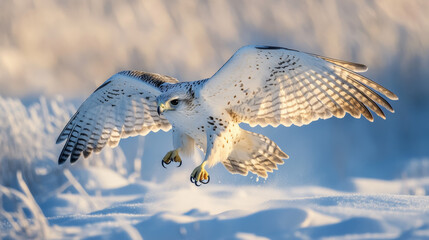 Majestic Falcon in Flight Over Snowy Landscape