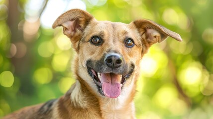 Happy Dog Portrait with Blurry Green Background